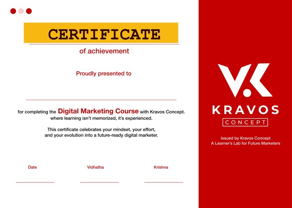 Digital marketing certification upon course completion at Kravos Concept Hyderabad - industry-recognized certificate